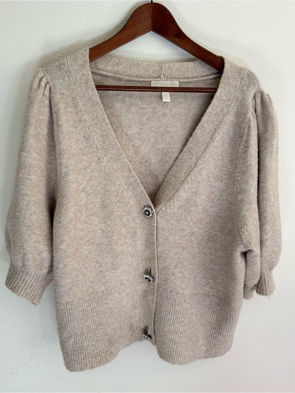 H&M Puff Sleeve Cardigan Cream Knit Jewel Button Cropped Sweater Large